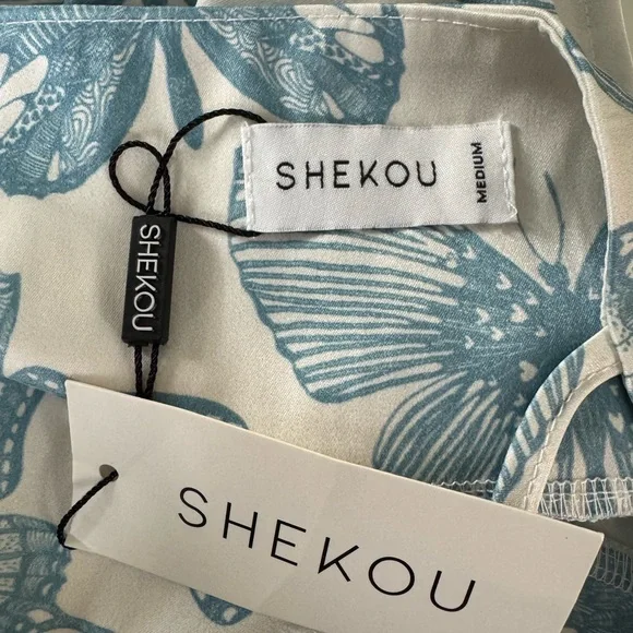 Shekou Butterfly Effect NWT 100% Satin Y2K Inspired Blue White Slip Dress - Picture 8 of 11